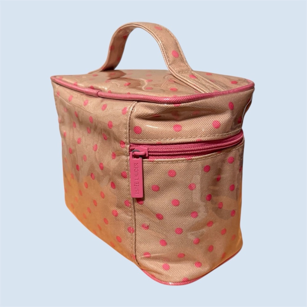 Estee Lauder Beige & Pink Polka Dot Zippered Cosmetic Bag Travel/Train Case - Picture 4 of 7